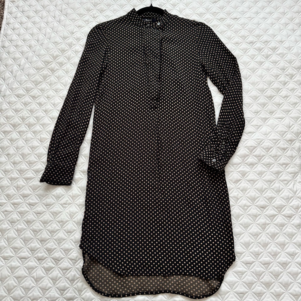 Madewell Black Tan Polka Dot Long Sleeve Tunic Shirt Dress Size XXS